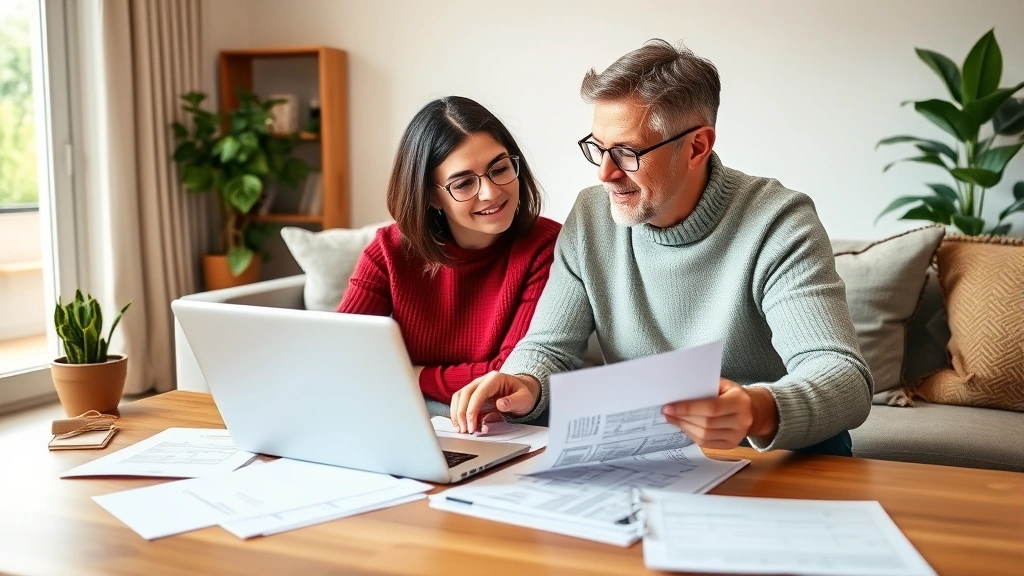 Couple reviewing healthcare documents and financial planning at home with laptop, discussing medical expenses and insurance options, bright modern living room, paperwork on table