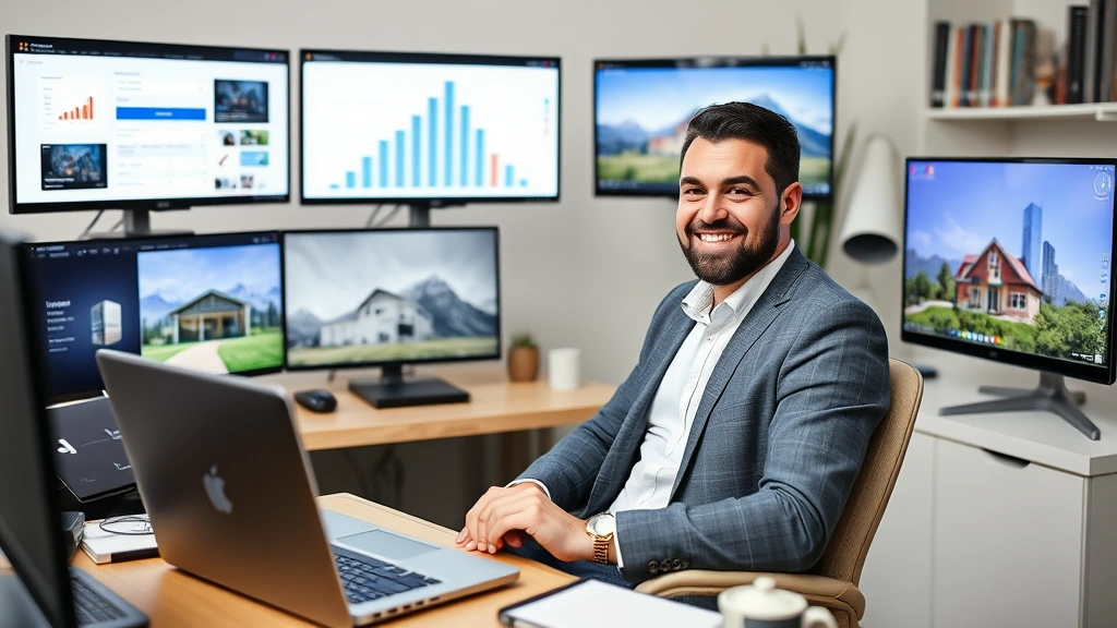 Successful entrepreneur in home office with multiple revenue streams illustrated through screens showing digital products, real estate properties, investment portfolios, and online courses simultaneously
