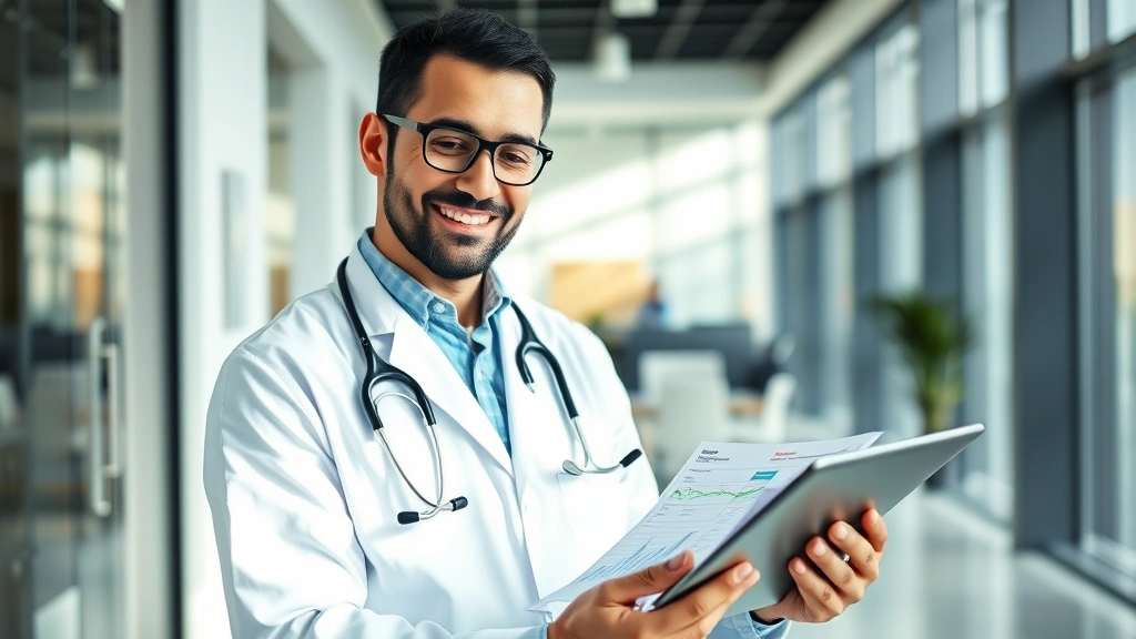 Professional healthcare worker in modern clinic setting reviewing financial documents and investment portfolio on tablet, confident expression, natural lighting, modern office background