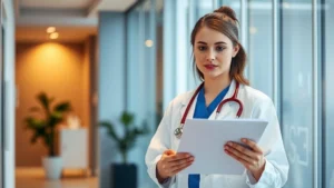 Professional healthcare worker in modern clinic setting, confidently reviewing patient documents, warm lighting, diverse representation, modern medical environment with subtle background