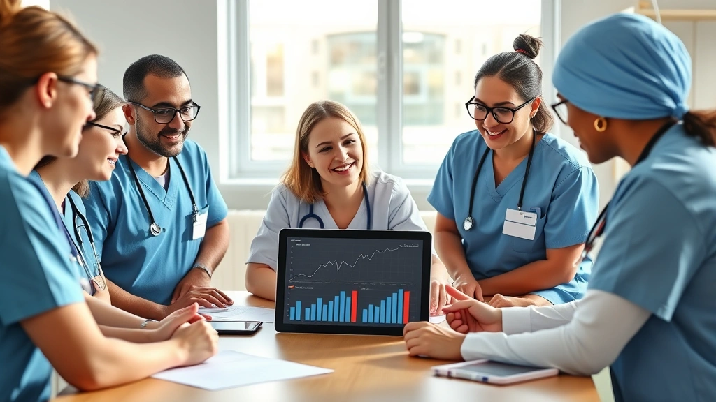 Diverse group of healthcare professionals in scrubs having collaborative meeting around table with laptop showing growth charts and financial planning, professional environment, daylight
