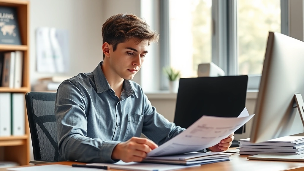 Young professional in business casual attire studying financial documents and health insurance papers at desk, natural sunlight, focused expression, organized workspace with computer