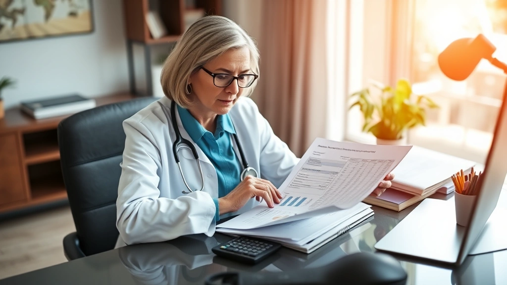 Healthcare professional woman sitting at home desk reviewing retirement planning documents with calculator and financial statements, warm natural lighting, modern home office setting