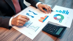 Professional person in business attire reviewing financial documents and charts on desk with calculator, representing wealth planning and financial strategy analysis