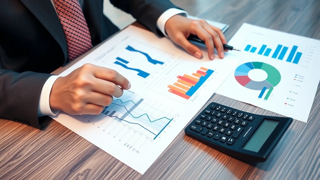 Professional person in business attire reviewing financial documents and charts on desk with calculator, representing wealth planning and financial strategy analysis