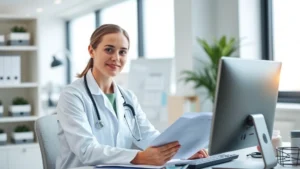 Professional healthcare worker in modern medical office setting, wearing white coat, reviewing patient files at desk with computer, natural window lighting, confident expression, organized healthcare environment background