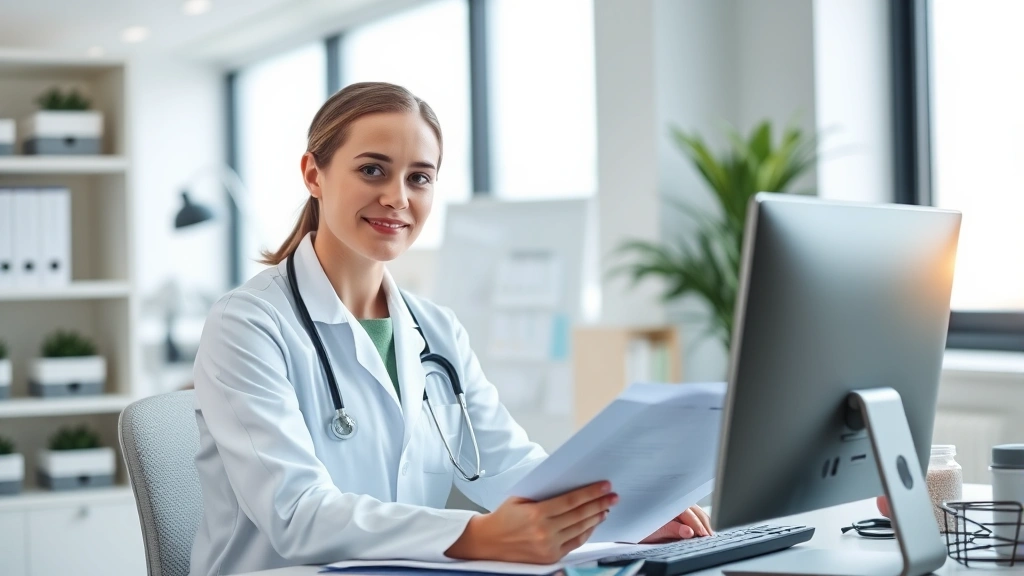 Professional healthcare worker in modern medical office setting, wearing white coat, reviewing patient files at desk with computer, natural window lighting, confident expression, organized healthcare environment background