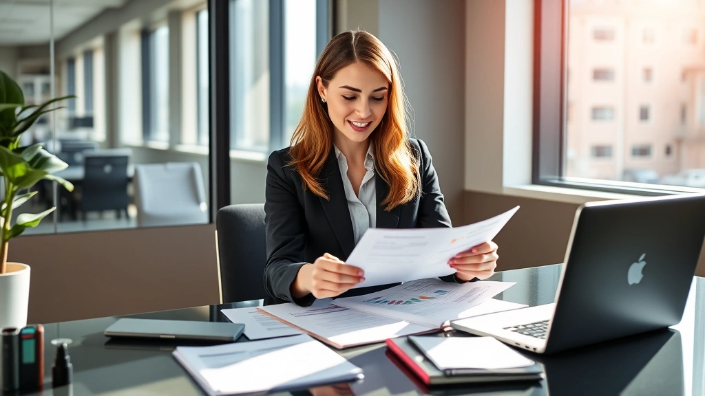 Professional woman in business attire reviewing financial documents and investment portfolio on modern desk with laptop and notebook, morning sunlight streaming through office window, confident expression focused on wealth planning