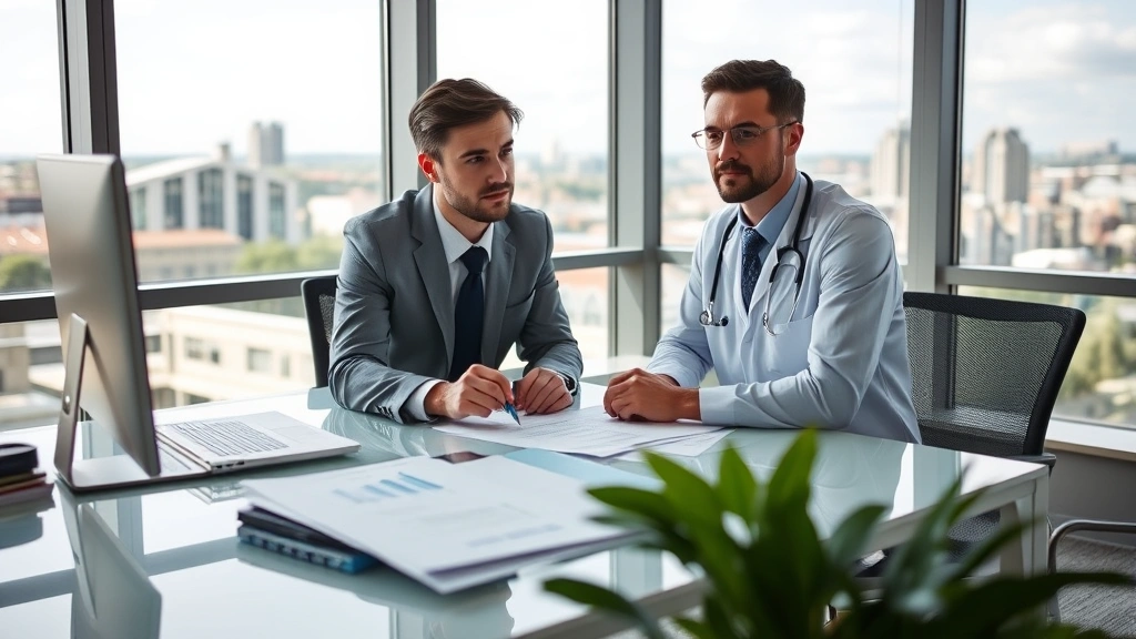 Professional financial advisor consulting with a healthcare worker at a modern desk with charts and documents, natural lighting from office windows, Cambridge skyline visible in background, both people focused and confident