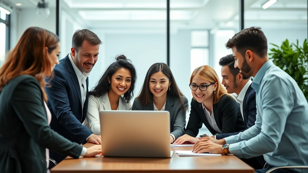 Diverse group of professionals in modern office setting collaborating around table with laptop, symbolizing teamwork and career advancement for wealth building