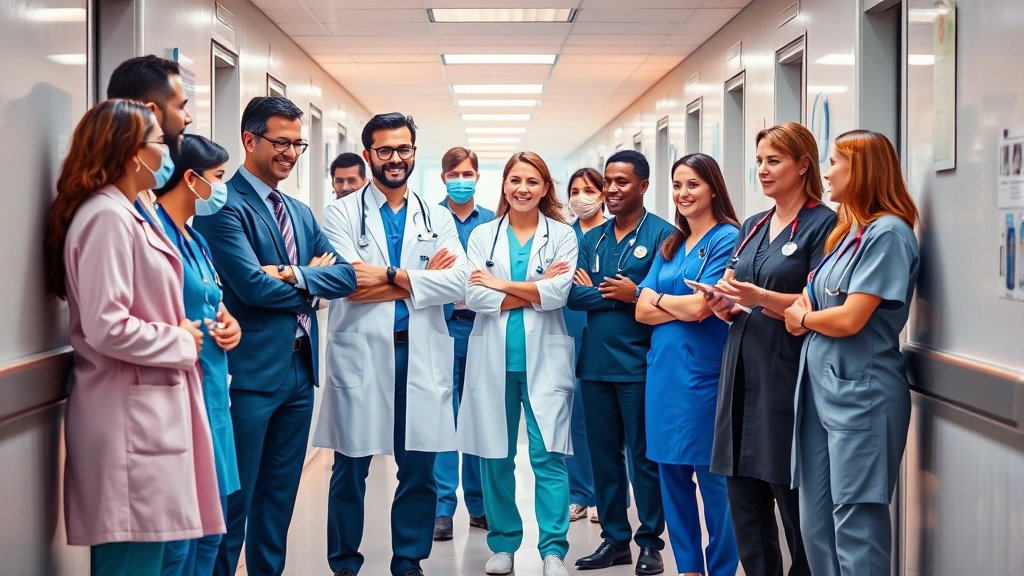 Diverse group of healthcare professionals collaborating in hospital hallway, including doctors, nurses, and administrators, modern medical facility, teamwork and professional development atmosphere, warm professional lighting