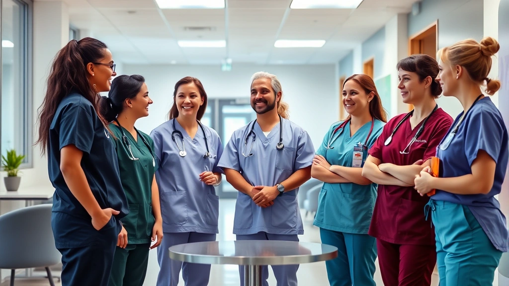 Diverse group of healthcare workers in scrubs having collaborative discussion in modern medical facility break room, smiling and engaged, representing career growth and professional networking in healthcare industry