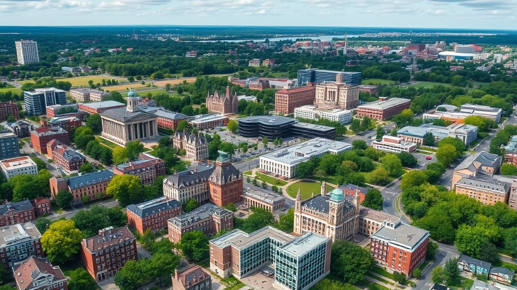 Aerial view of Cambridge Massachusetts showing Harvard and MIT campuses with surrounding neighborhoods, green spaces, and modern buildings representing economic opportunity and prosperity