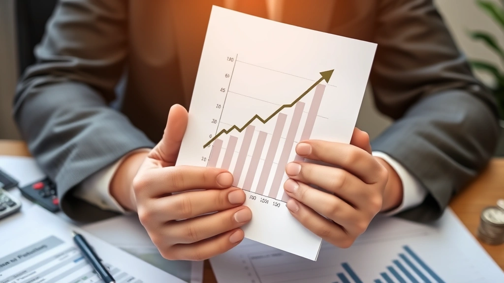 Hands holding investment portfolio statement with upward trending graph visible, showing financial growth and wealth accumulation progress, professional office setting with calculator and financial planning materials nearby