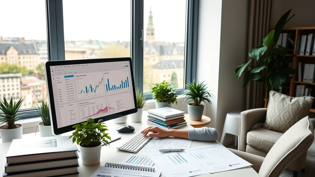Young professional reviewing investment portfolio on computer in bright home office with Cambridge city view, surrounded by financial planning materials, plants, and modern furnishings showing financial organization