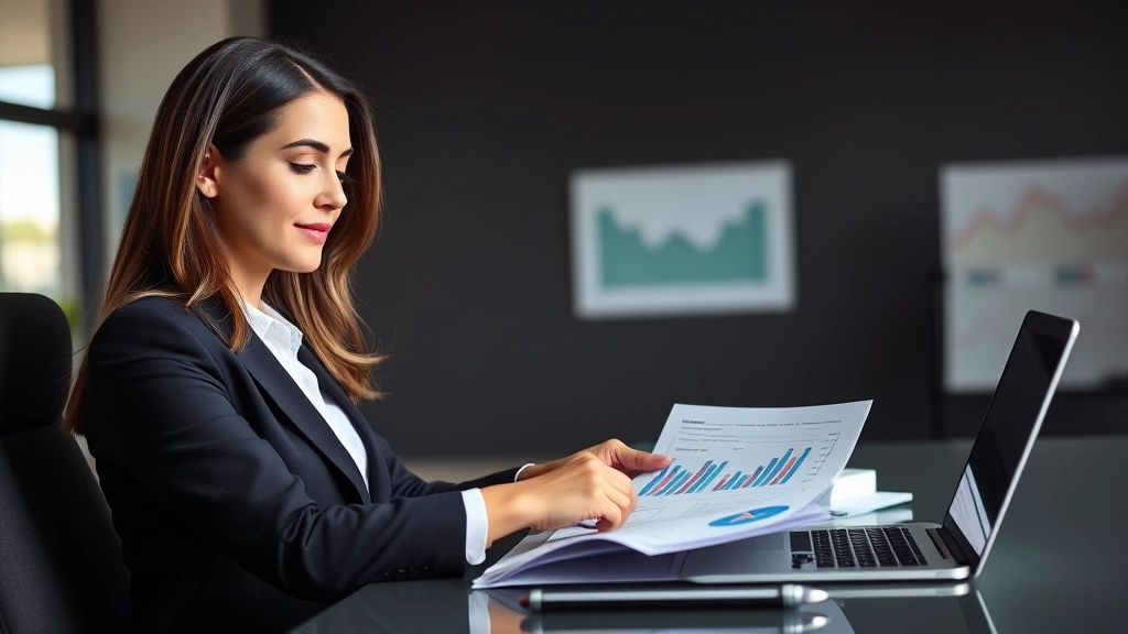 Professional woman in business attire reviewing financial documents and investment portfolio at modern desk with laptop, confident and focused expression, natural office lighting