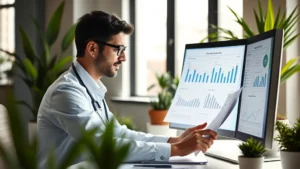 Professional healthcare worker in modern office setting reviewing financial documents and charts on computer, sunlit workspace with plants, focused expression