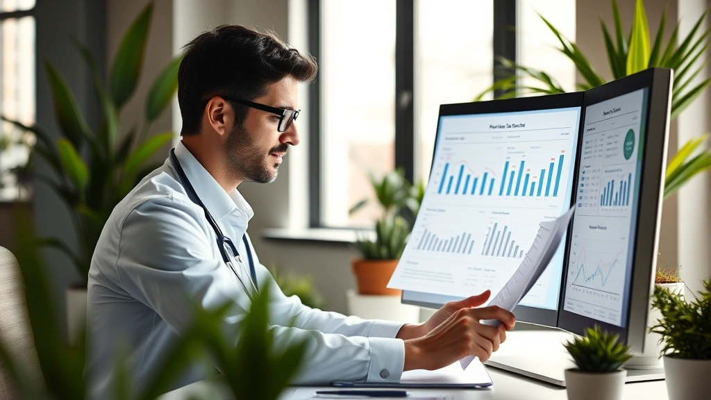 Professional healthcare worker in modern office setting reviewing financial documents and charts on computer, sunlit workspace with plants, focused expression