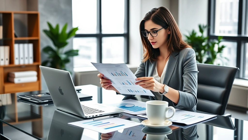 Professional woman in business attire reviewing financial documents and charts at modern office desk with laptop and coffee cup, natural window lighting, sophisticated workspace environment