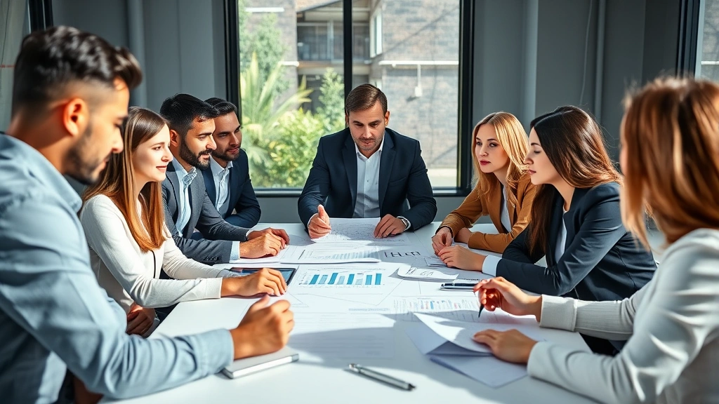 Diverse group of professionals in casual business clothing discussing financial growth strategy around conference table with graphs and charts visible, collaborative atmosphere, natural lighting