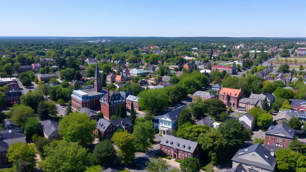 Aerial view of Concord, Massachusetts downtown with historic buildings, tree-lined streets, and residential neighborhoods, clear blue sky, affluent New England community