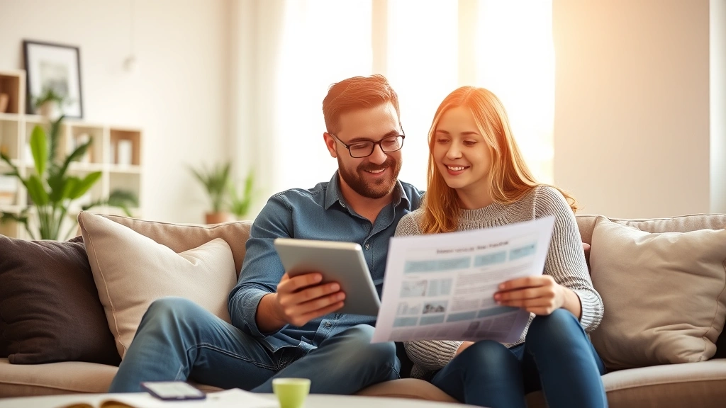 Young couple reviewing real estate property details and mortgage documents in bright living room, sitting on comfortable couch with tablet and paperwork, warm natural lighting