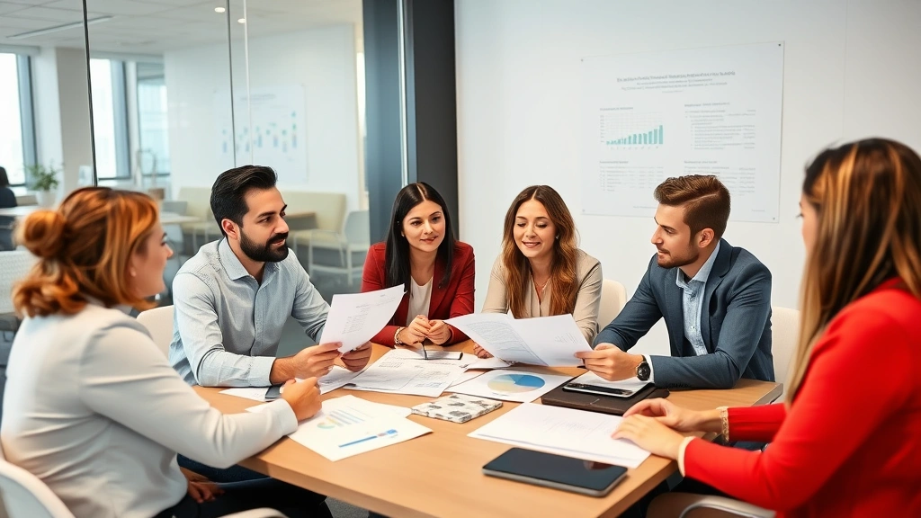 Diverse financial planning team meeting with young professional in modern conference room, discussing investment strategy, charts and graphs visible, collaborative atmosphere