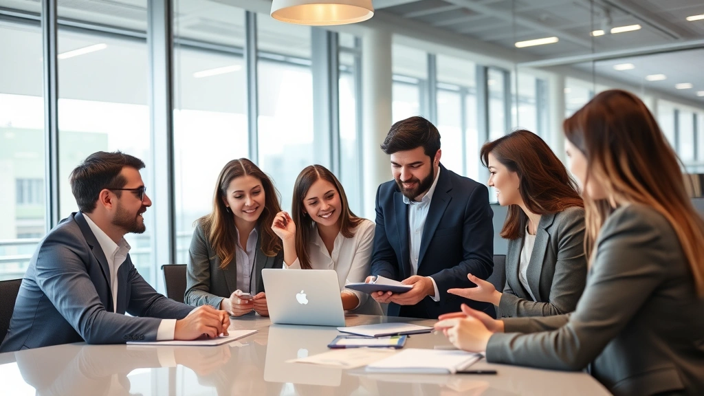Diverse group of professionals in business casual attire having collaborative meeting in modern conference room with glass windows, discussing strategy with notebooks and laptops visible