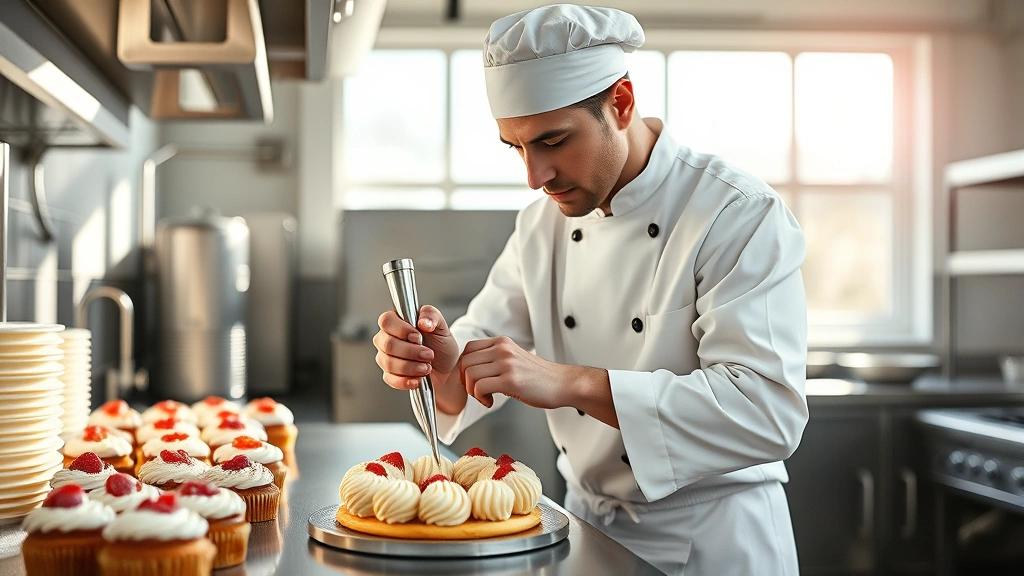 Professional baker in modern commercial kitchen wearing white chef's coat, carefully piping decorative frosting onto premium artisan pastries, morning natural light streaming through windows, stainless steel equipment visible, focused concentration on detailed cake decoration, photorealistic high-quality