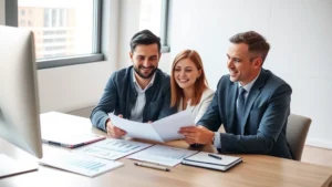 Professional financial advisor meeting with young couple reviewing investment portfolio at modern office desk, charts and documents visible, natural daylight, confident expressions, wealth planning atmosphere