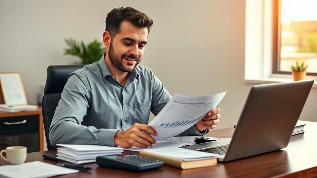 Successful bakery owner reviewing financial reports and profit margins at desk with laptop, calculator, and organized business documents, professional office setting, natural confident expression, warm professional lighting, clean minimalist workspace, photorealistic business photography