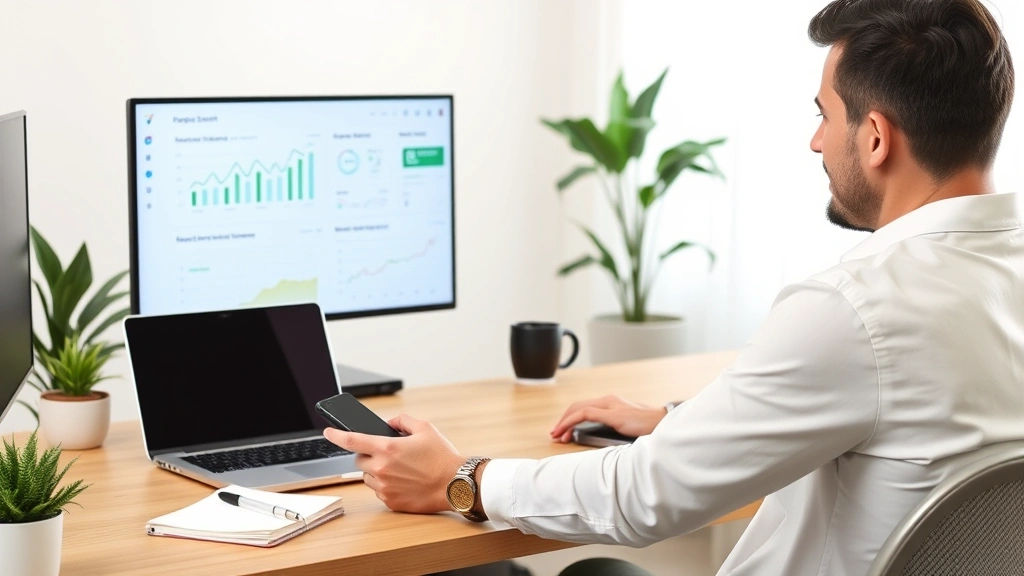 Person confidently managing multiple income streams shown through digital dashboard, laptop with growth charts, mobile phone, notebook, home office setup, modern workspace with plants, success mindset