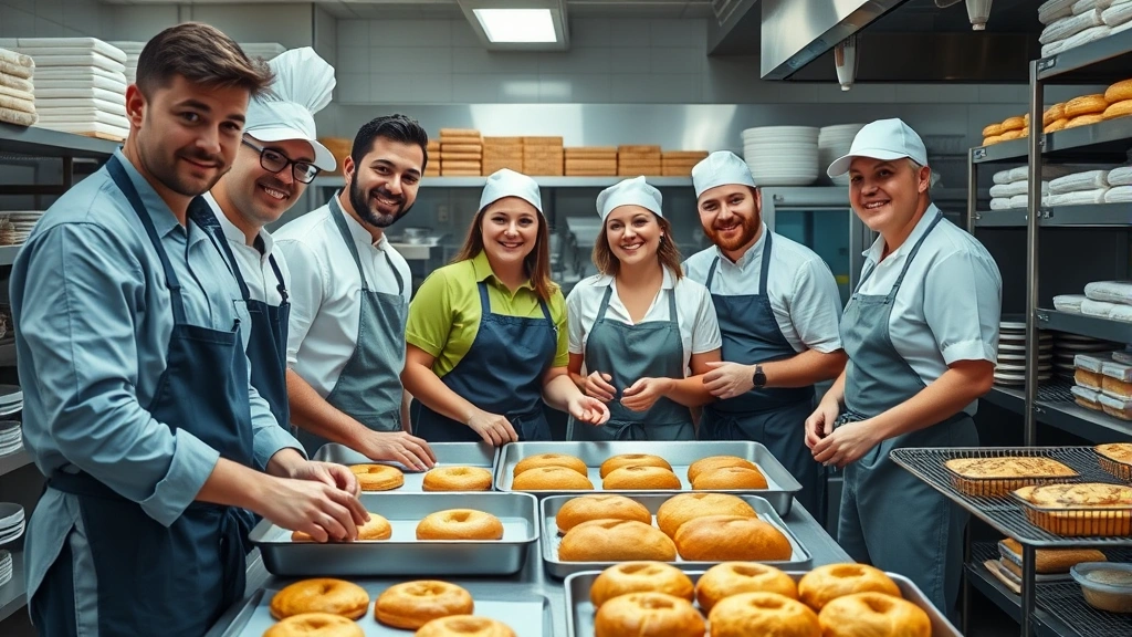 Diverse group of bakers and staff collaborating in busy commercial bakery kitchen, teamwork and professional operations, fresh-baked products displayed, modern equipment and organized workspace, positive work environment, professional culinary setting, photorealistic documentary style
