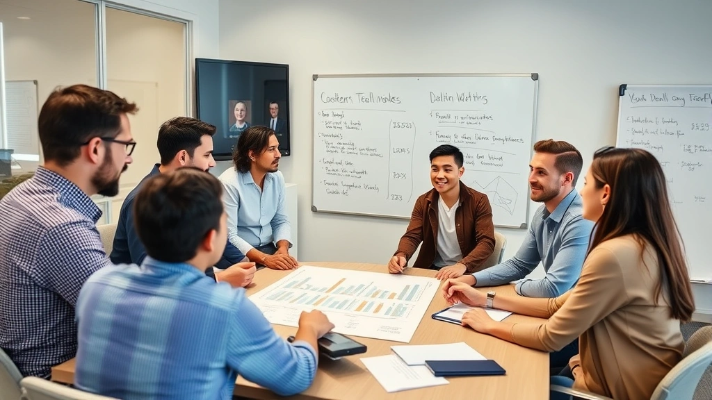 Diverse group of investors reviewing long-term wealth plan together in collaborative meeting space, whiteboards with financial goals, positive team energy, professional casual attire, focused discussion