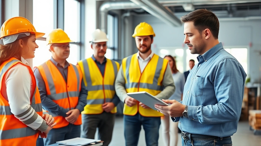 Professional occupational health specialist in modern office conducting workplace safety assessment with employees, wearing protective equipment, reviewing health metrics on tablet, natural lighting, diverse team setting