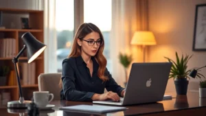 Professional woman working at laptop during evening hours in modern home office, warm desk lamp lighting, coffee cup nearby, focused expression, comfortable workspace environment, photorealistic