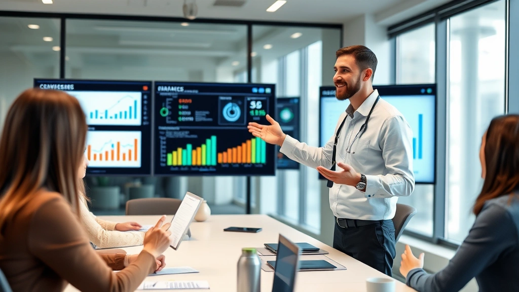 Experienced occupational health manager presenting data analytics on employee wellness program dashboard, modern conference room, collaborative team environment, charts and metrics visible on screens, professional business setting