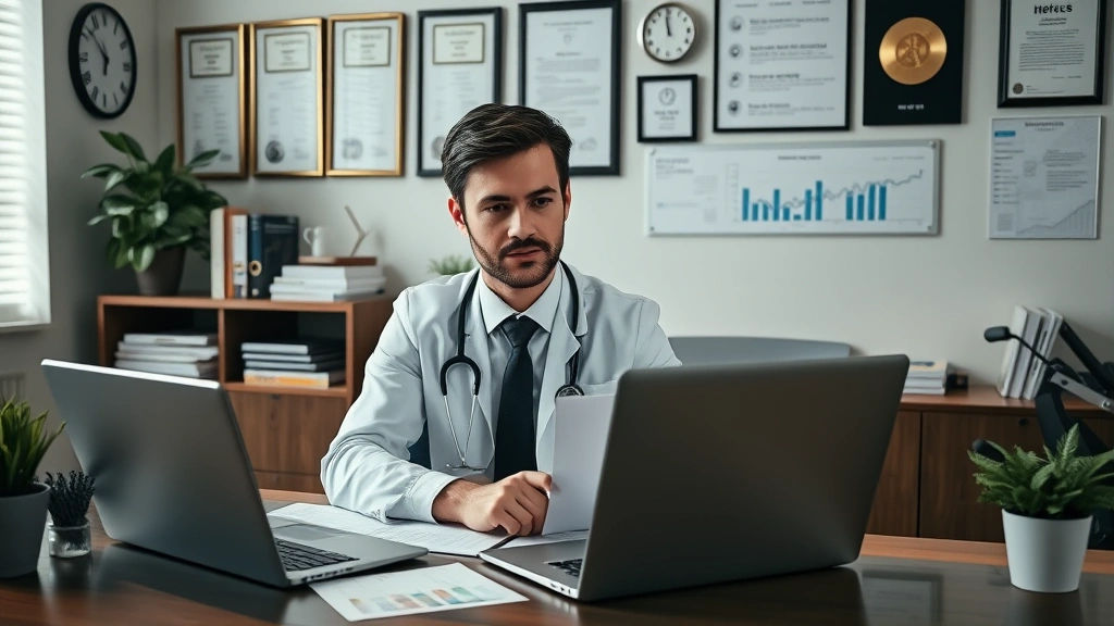 Confident healthcare professional reviewing financial documents and investment portfolio at desk, laptop showing growth charts, organized workspace with professional credentials displayed on wall