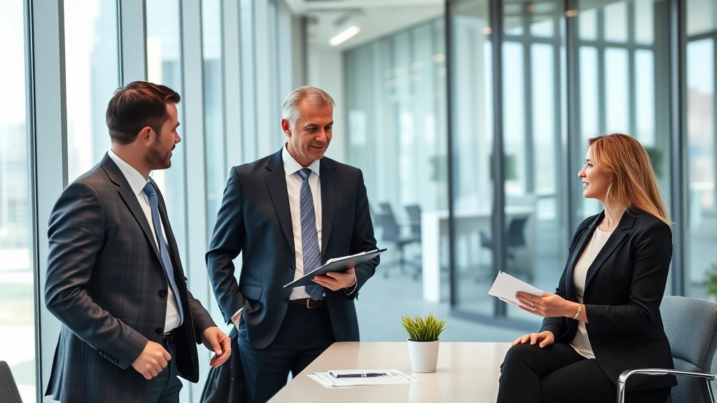Occupational health consultant meeting with executive leadership team in corporate office, discussing workplace health strategies, professional attire, successful wealthy professional environment, modern glass office building