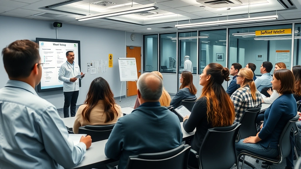 Occupational health consultant presenting workplace wellness program to diverse group of employees in corporate training room, engaged audience taking notes, professional presentation environment with safety signage