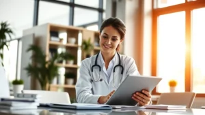 Professional healthcare worker in modern clinical setting, confidently reviewing financial documents at desk with tablet and notebook, warm natural lighting through office windows
