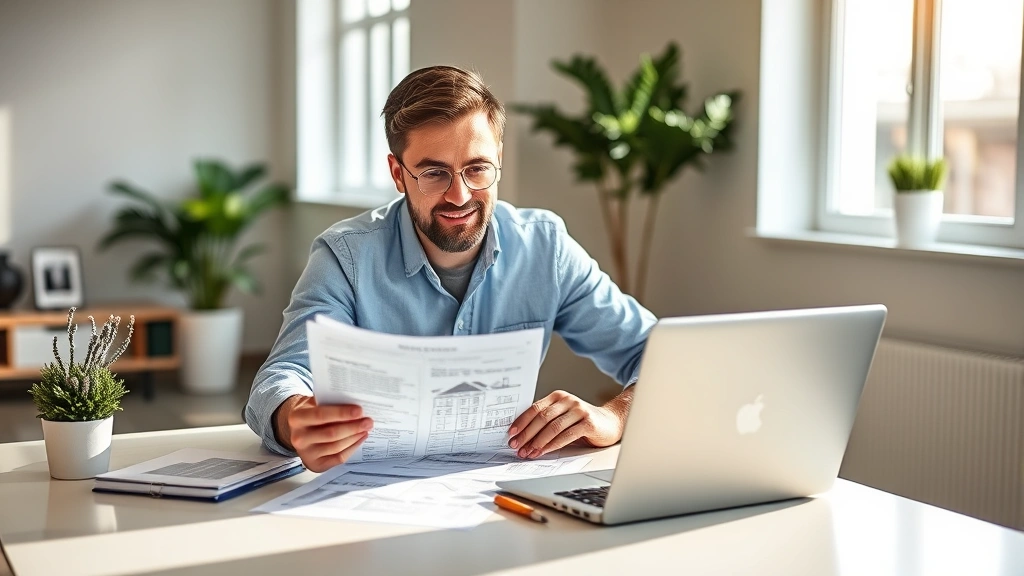 Successful real estate investor reviewing property documents at modern desk with laptop, professional attire, confident expression, natural lighting from windows