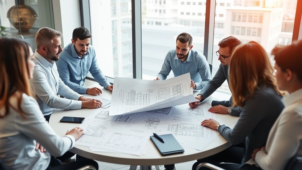 Diverse group of investors examining architectural blueprints and property plans at round table, collaborative discussion, modern office environment, wealth indicators subtle