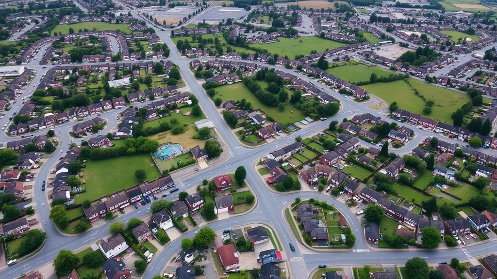 Aerial view of suburban residential neighborhood with diverse properties, green spaces, established community with commercial development, prosperous appearance, daytime