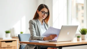 Professional woman in business attire reviewing health documents at modern desk with laptop, natural lighting, confident expression, organized workspace with minimal decor