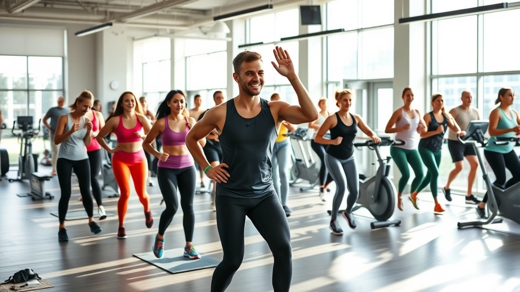Diverse group of people exercising in bright fitness facility, mix of cardio and strength training, positive energy, modern gym equipment, natural daylight streaming through large windows