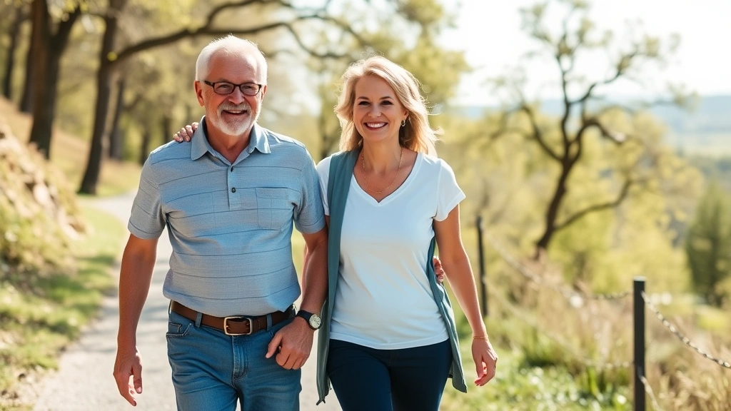 Middle-aged man and woman walking together outdoors on scenic path, healthy and active, bright daylight, trees and natural landscape, peaceful wellness environment