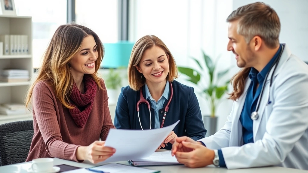 Professional middle-aged woman reviewing health documents with a healthcare provider in a modern medical office, natural lighting, confident expression, organized desk with wellness materials