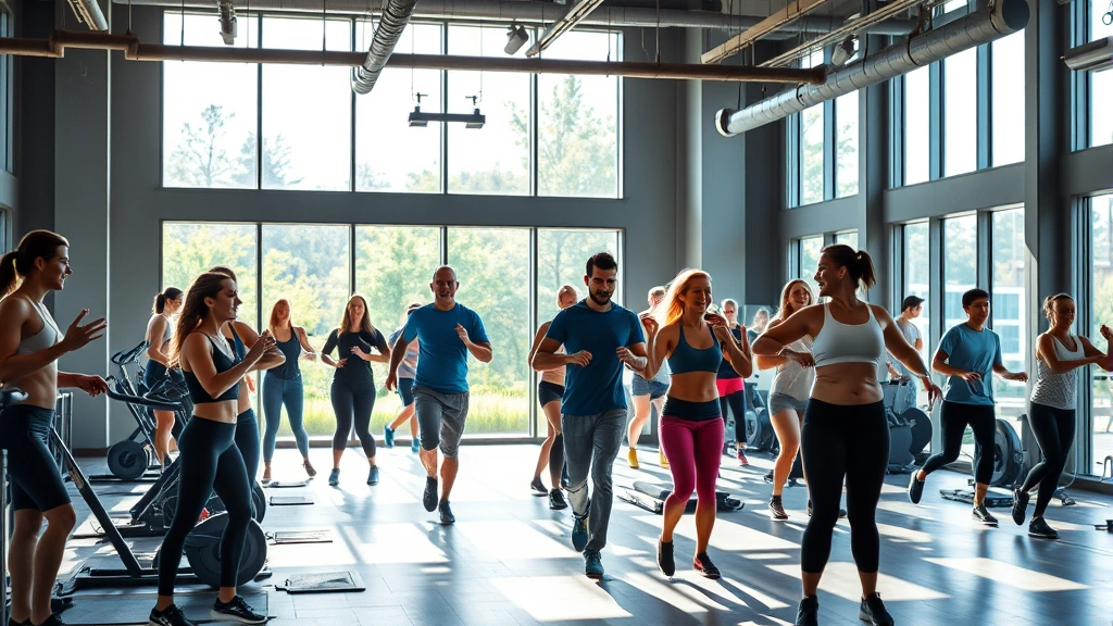 Diverse group of people exercising in a bright, modern fitness facility with natural light streaming through large windows, various fitness activities visible, energetic and healthy atmosphere