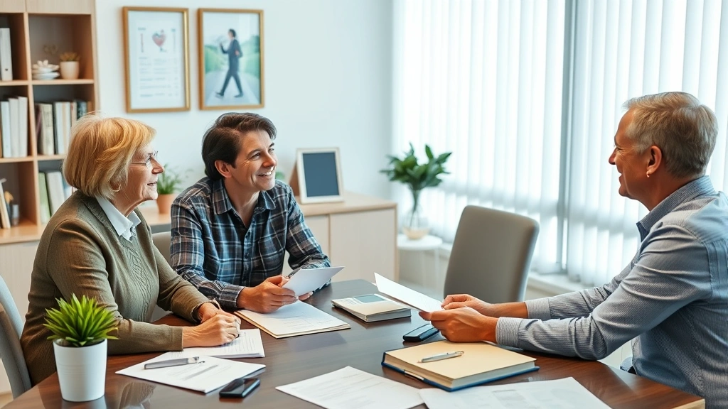Mature couple meeting with a financial advisor at a desk with wellness and health-related materials visible, professional office setting, planning documents, collaborative discussion atmosphere